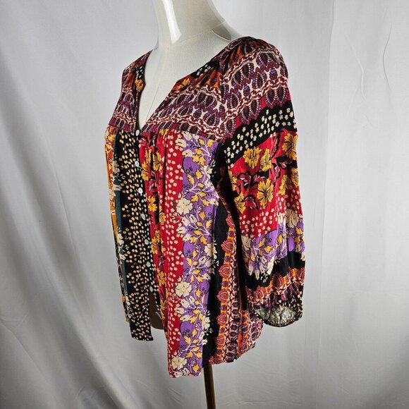 Figueroa & Flower Boho Top P Large Multi Color Floral 3/4 Puff Sleeve Lace Back - Picture 3 of 9